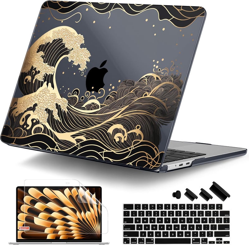 DONGKE Compatible with M4 MacBook Air 15 inch Case 2025 2024 2023 A3241 A3114 A2941 M3 M2 Liquid Retina Display Touch ID, Plastic Hard Case & Keyboard Skin & Screen Protector - Sea Waves - Image 1